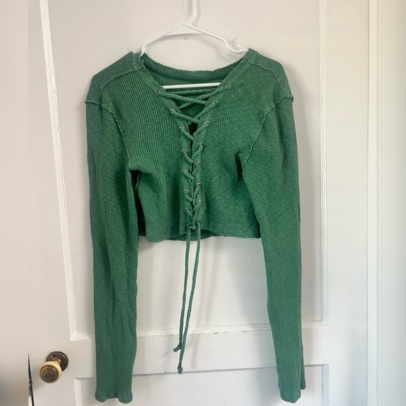 Free People Primadonna Cropped Long Sleeve Ribbed Top Mint Green Size M - Picture 5 of 5